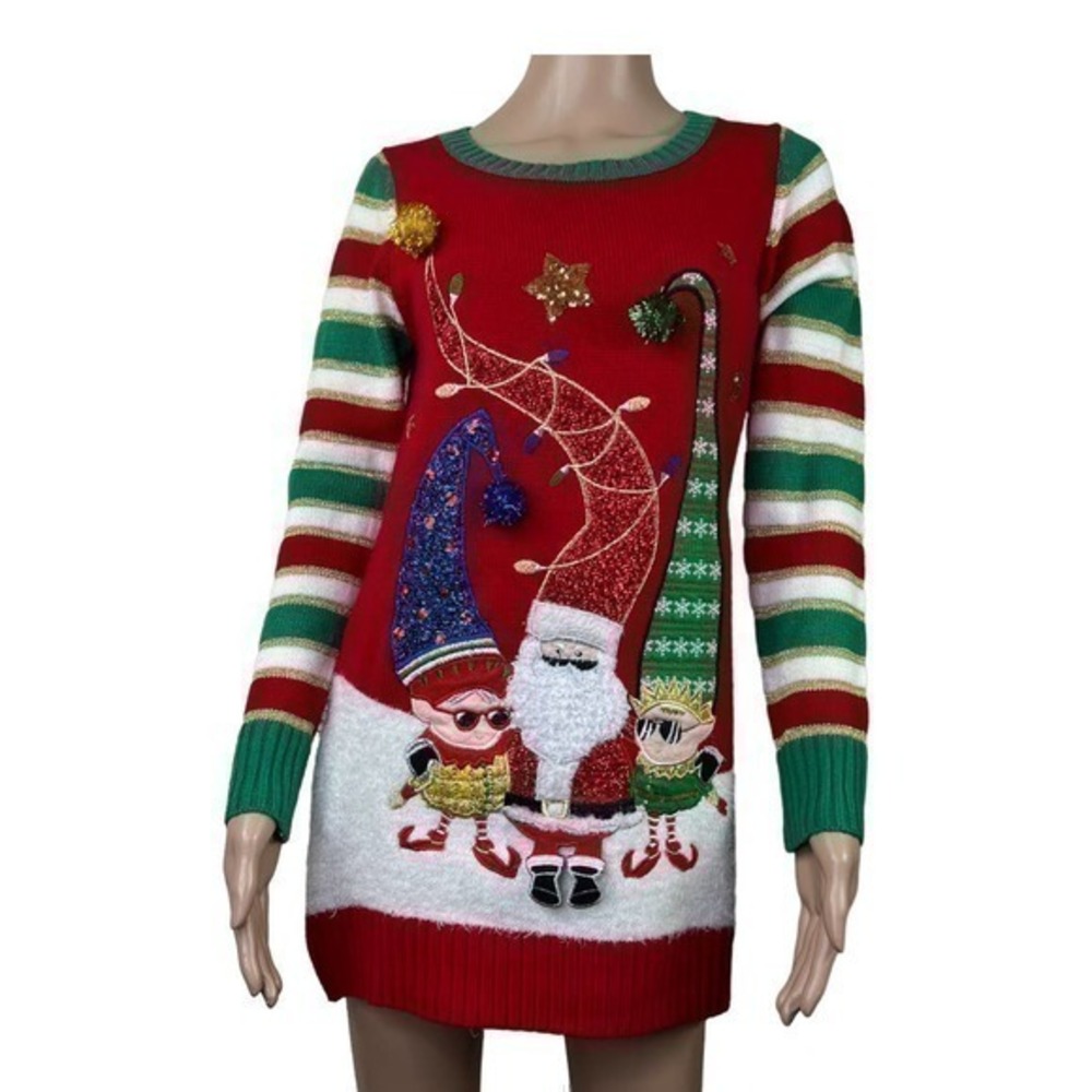 Ugly Christmas Sweater Dress Tunic Santa Elf Elves Hats Sunglasses Stripes S